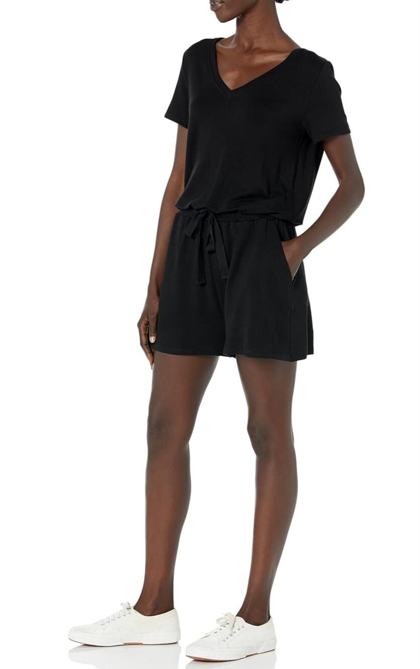Daily Ritual Black Supersoft V‑Neck Drawstring Romper – XL